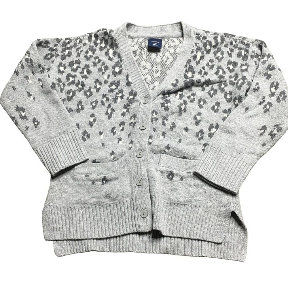 Baby Gap toddler Girls Leopard print heavy knit  Gray Button Cardigan Sweater 3Y